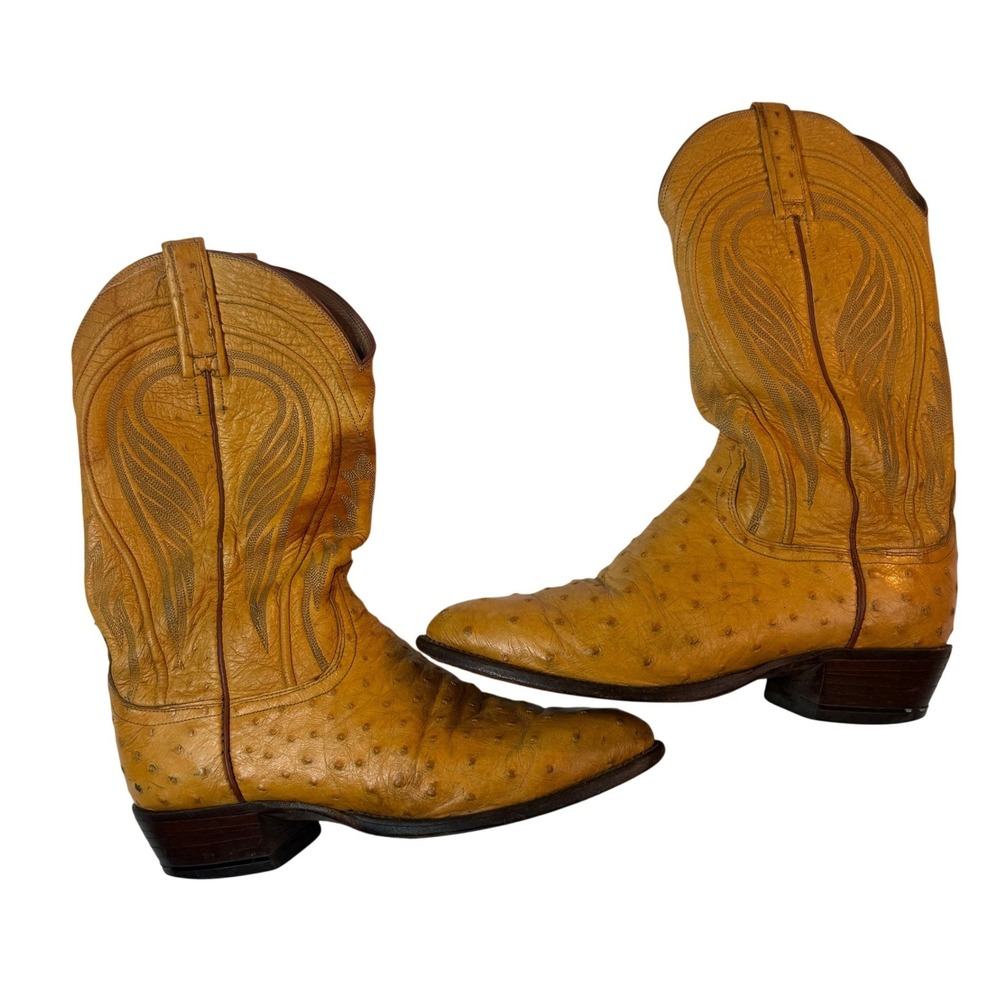 Lucchese Ostrich Cowboy Boots Mens 8.5 Tan Snip Toe Western Vintage USA - Picture 2 of 10